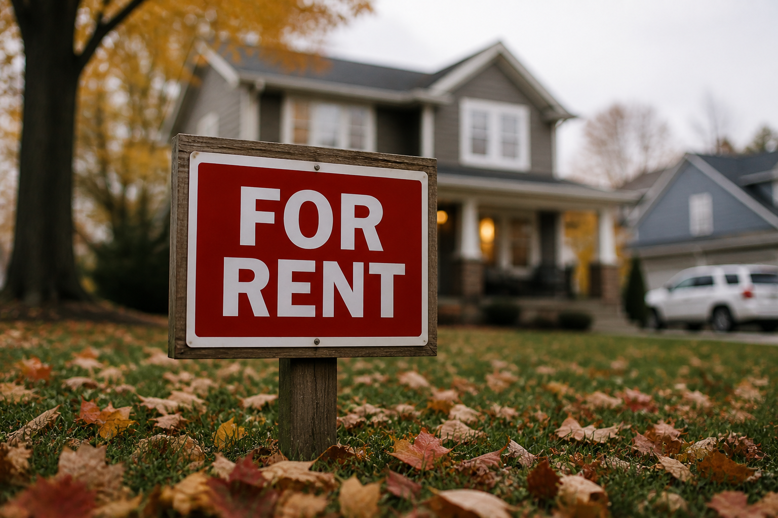 Close up of a “For Rent” sign on a suburban lawn with autumn leaves, with a blurred house and parked SUV in the background