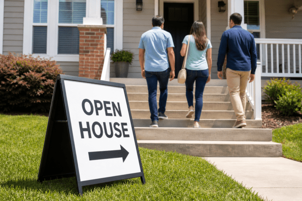 Open house sign on a lawn directing visitors as three people walk up the steps to a suburban home on a sunny day