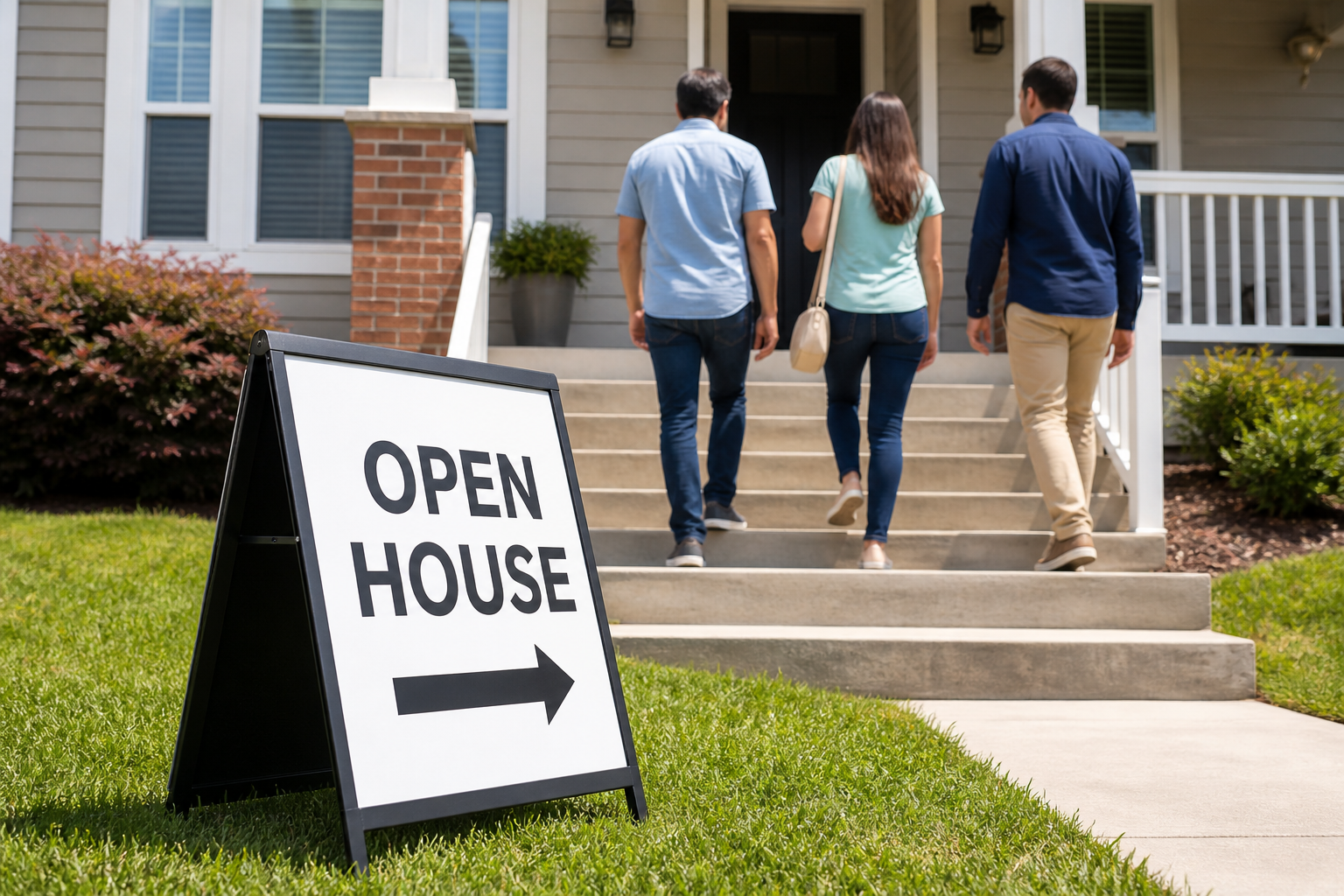 Open house sign on a lawn directing visitors as three people walk up the steps to a suburban home on a sunny day