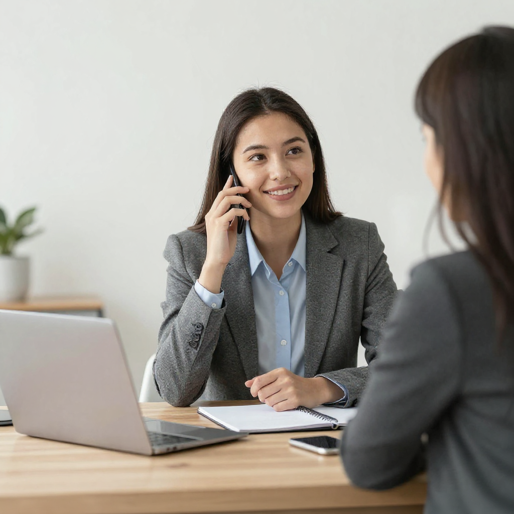 Two businesswomen conversing on the phone at a desk, focused on their discussion in a professional environment.