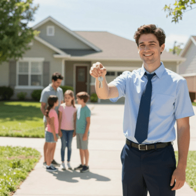 A man, with his family beside him, holds a key to a house, celebrating their new beginning as homeowners.