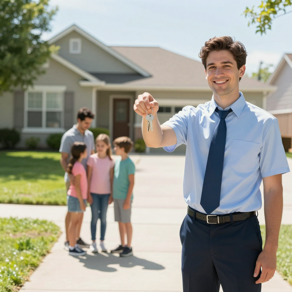 A man, with his family beside him, holds a key to a house, celebrating their new beginning as homeowners.