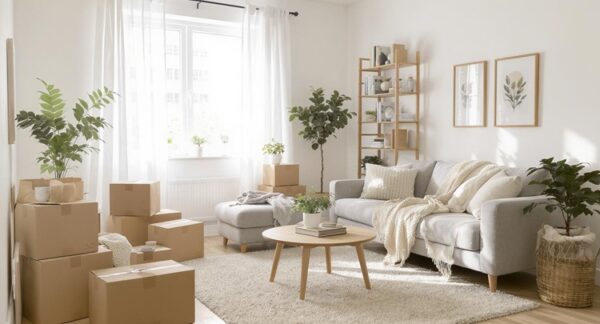 A living room furnished with a light gray sofa, wooden coffee table, and shelving unit, with several cardboard moving boxes stacked on the floor.